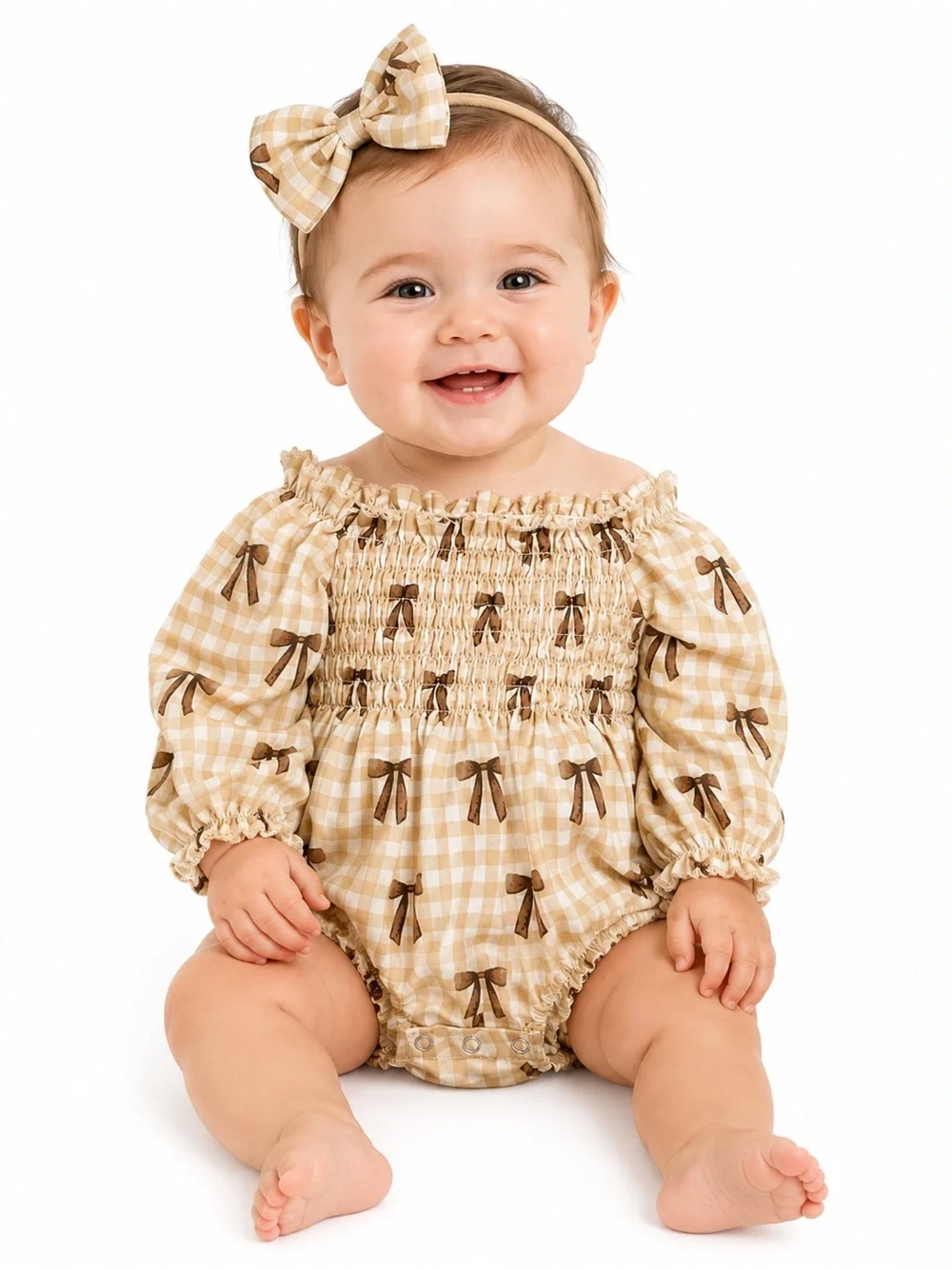 NWOT Beige Gingham Bow-Print Baby One-Piece Romper
